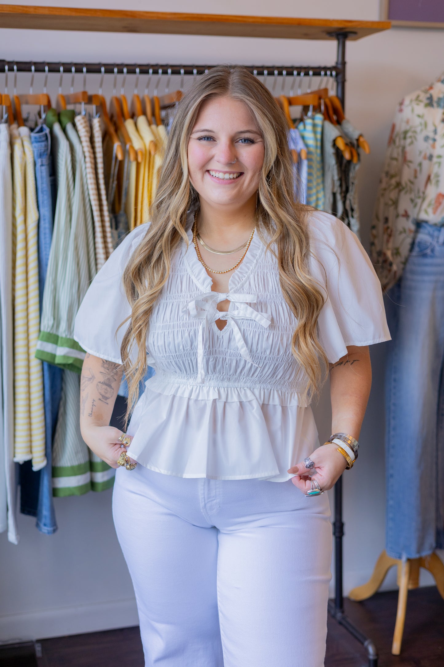 Smocked Bodice Peplum Top