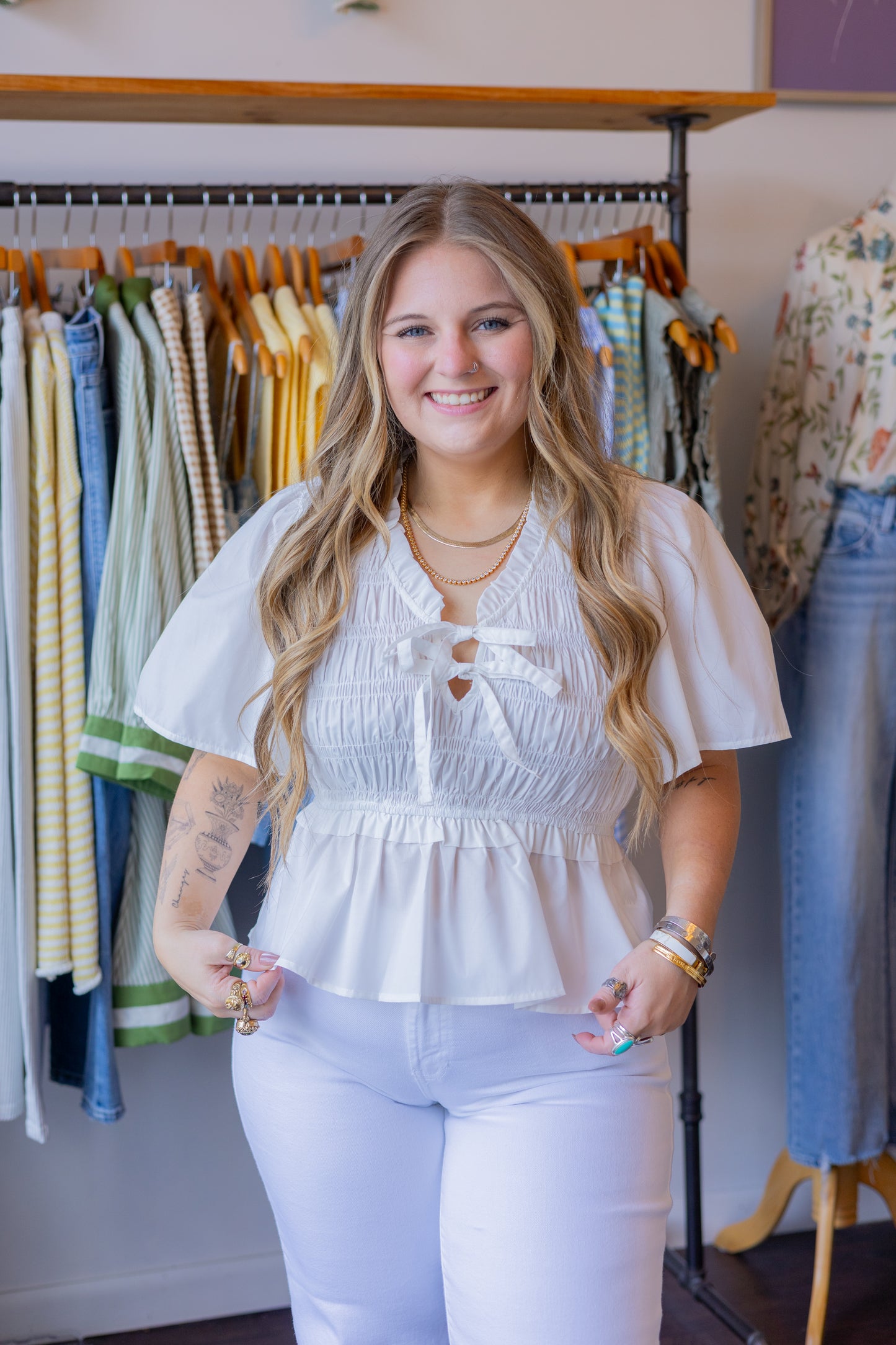 Smocked Bodice Peplum Top