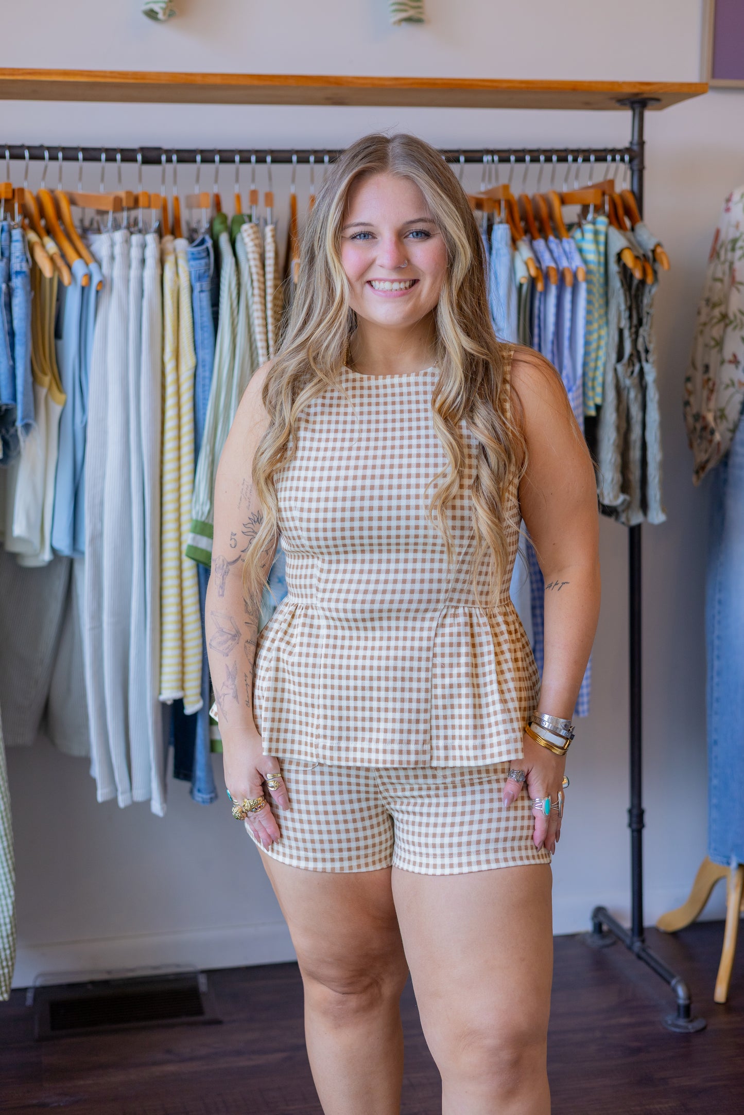 Gingham Sleeveless Peplum Top