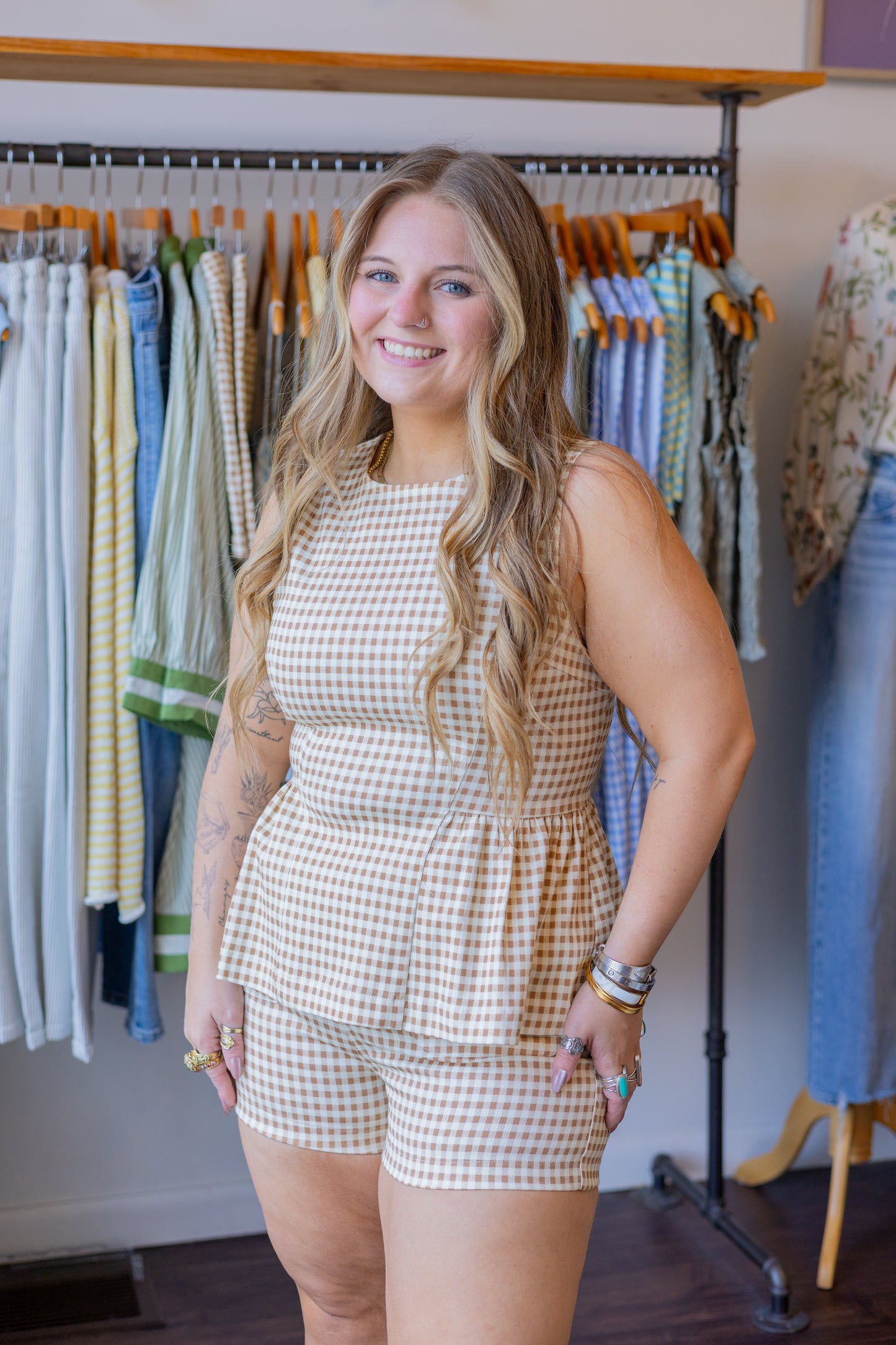 Gingham Sleeveless Peplum Top
