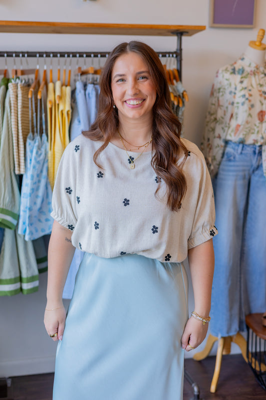 Embroidered Linen Bubble Hem Top