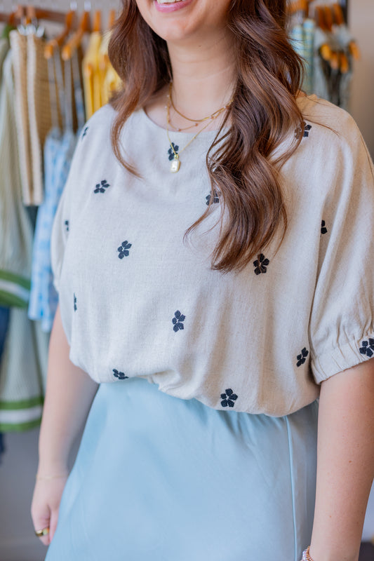 Embroidered Linen Bubble Hem Top
