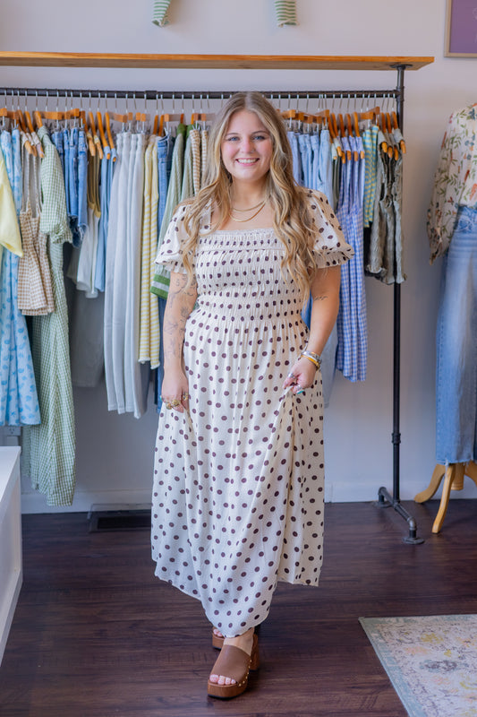 Polka Dot Puff Sleeve Midi Dress