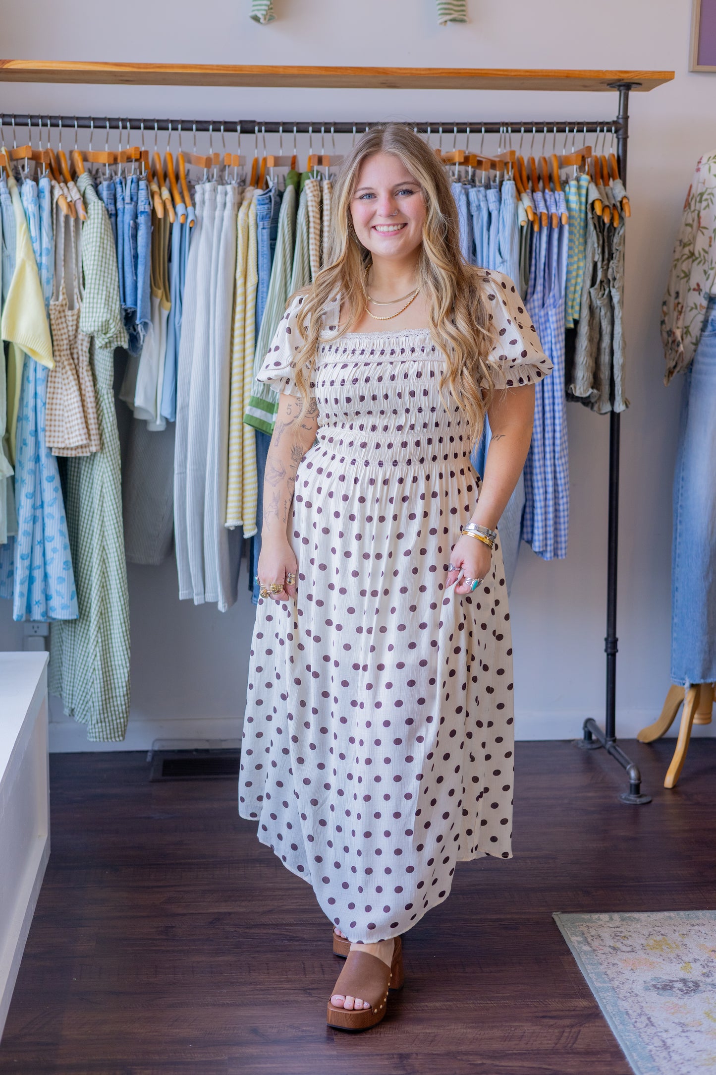 Polka Dot Puff Sleeve Midi Dress