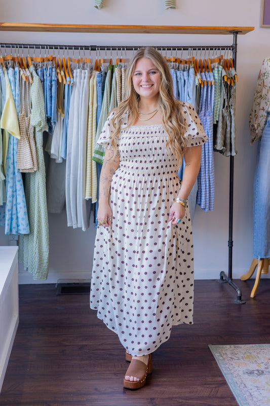 Polka Dot Puff Sleeve Midi Dress