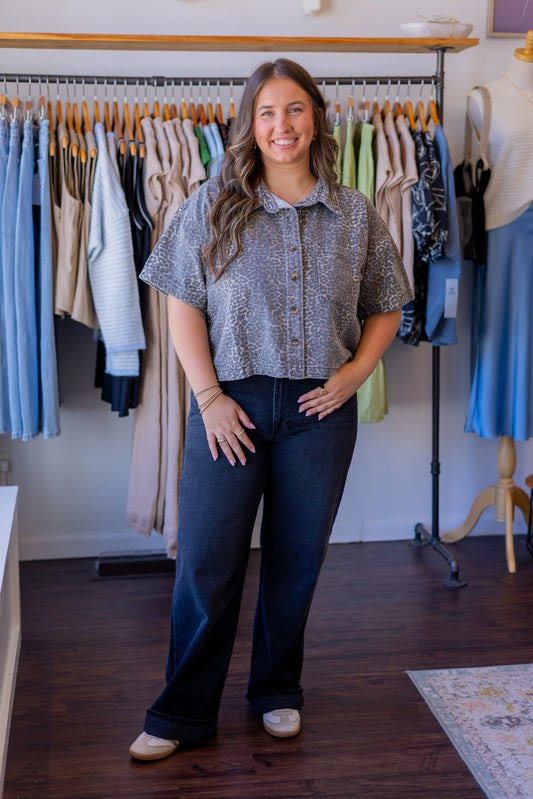 Leopard Button-Up Denim Shirt