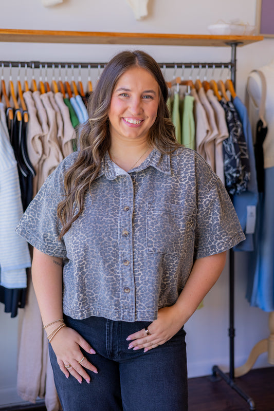 Leopard Button-Up Denim Shirt