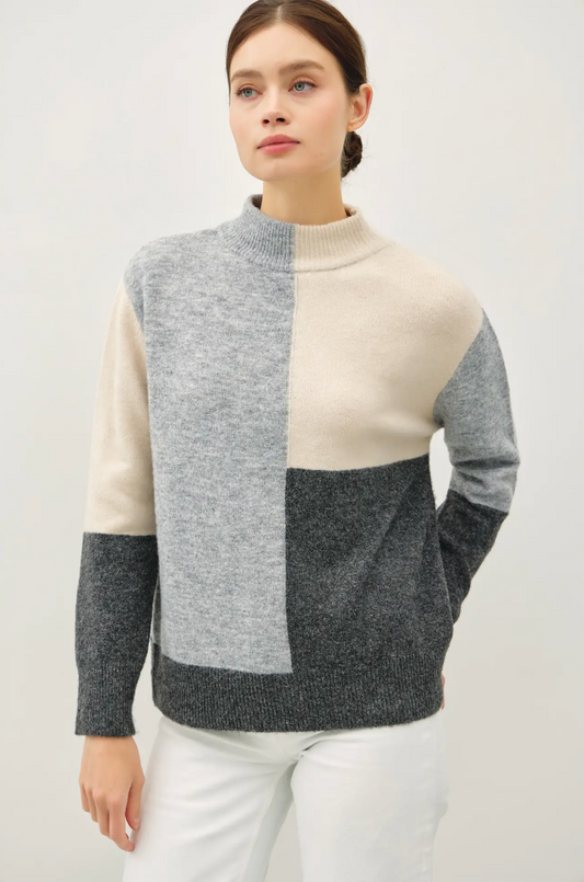 Color Blocked Mock Neck Sweater