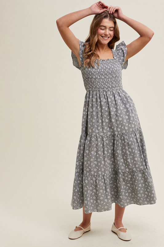 Checkered Floral Midi Dress
