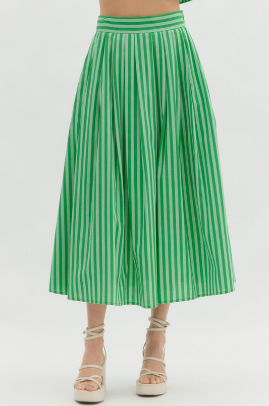 Striped Pleated Midi Skirt