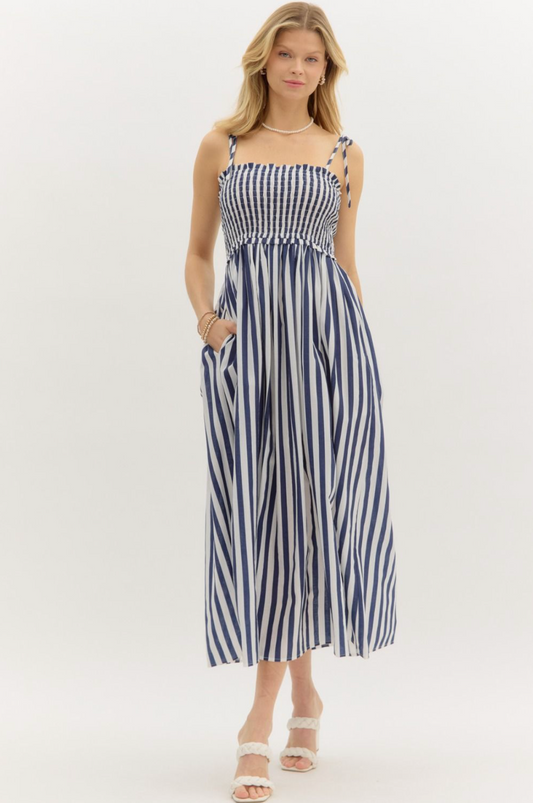 Stripe Tie Shoulder Smocked Dress