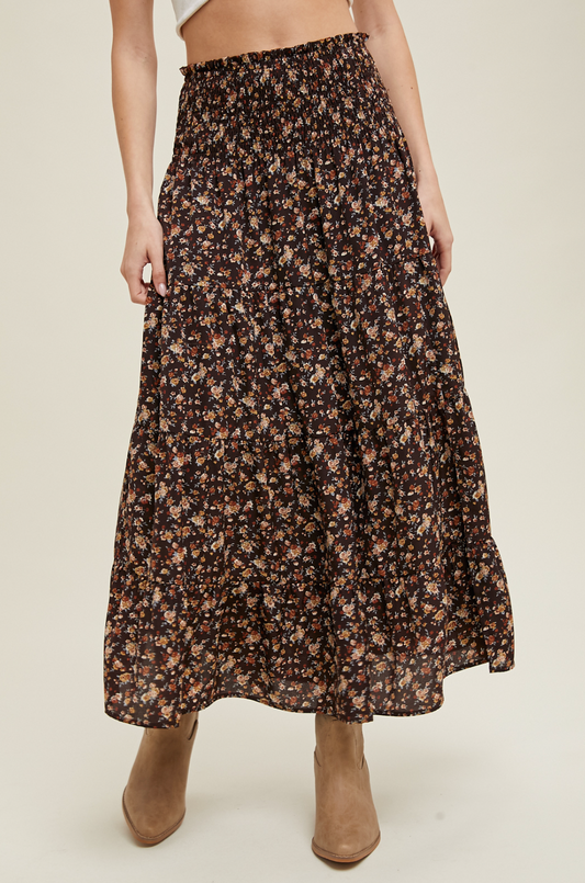 Floral Tiered Front Slit Midi Skirt