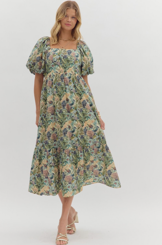Floral Print Bubble Sleeve Midi Dress