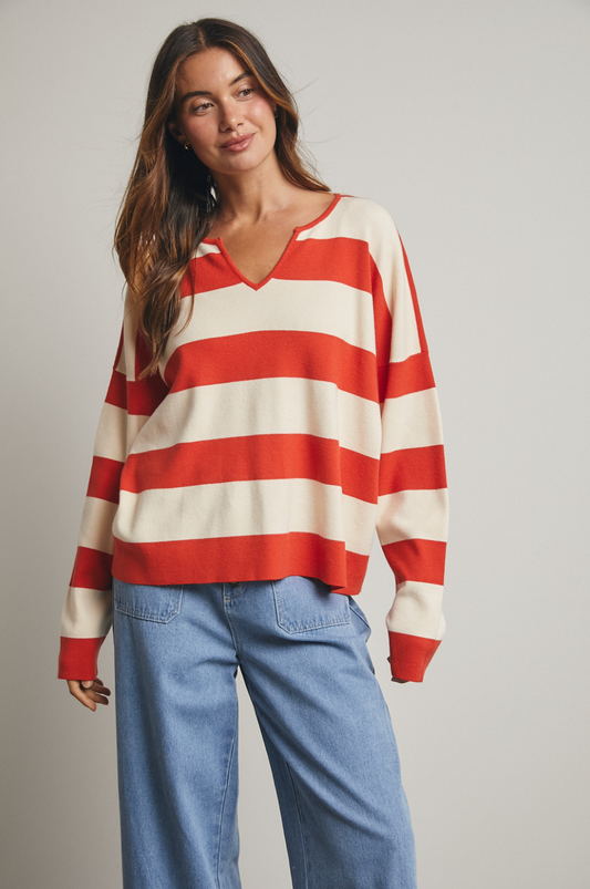 Striped Notch Neck Knit Sweater