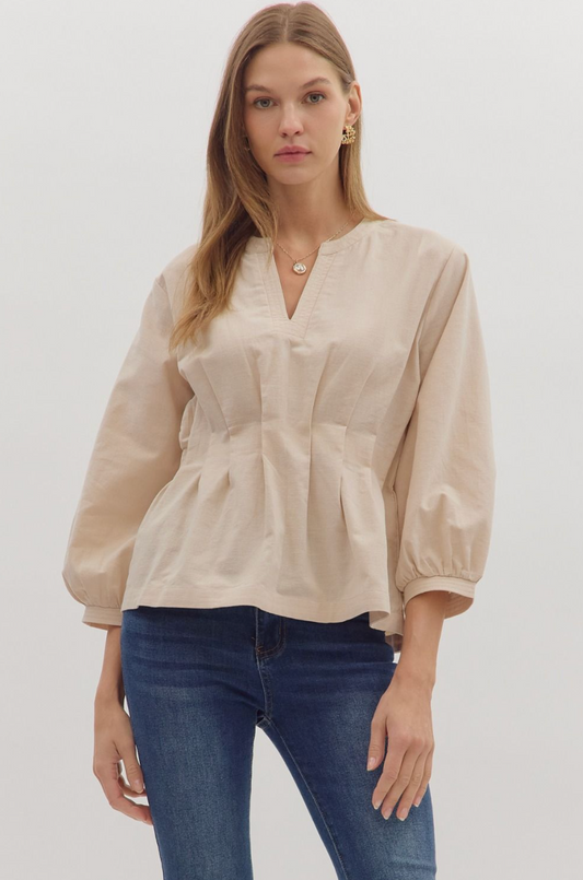 Solid V-Neck Long Sleeve Top