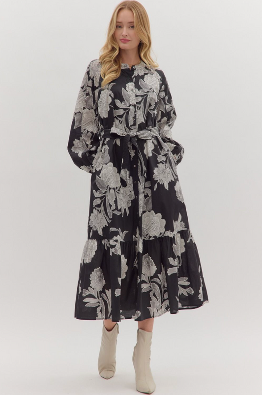 Floral Print Long Sleeve Midi Dress