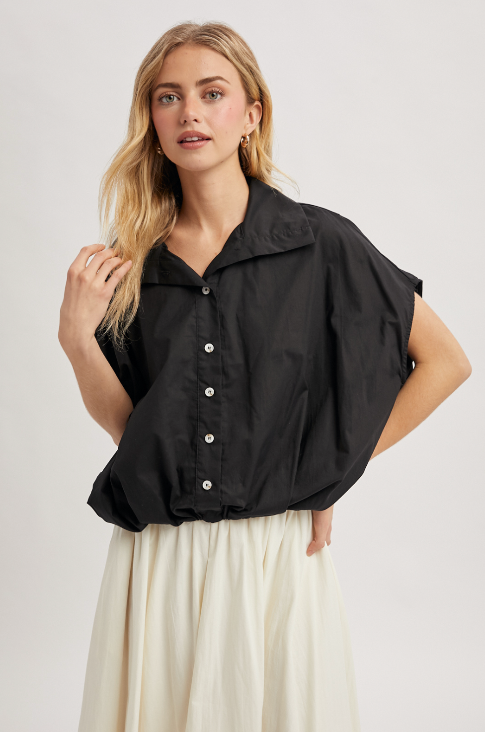 Bubble Hem Button-Up Blouse