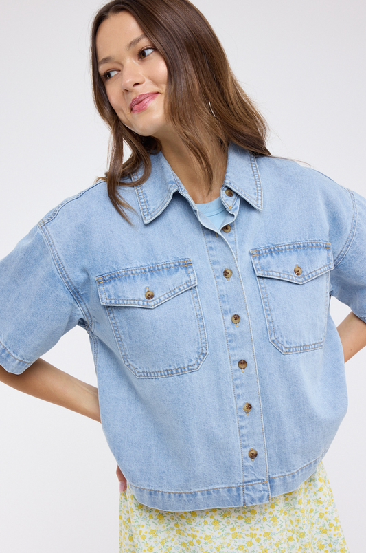 Cotton Denim Button-Up Shirt
