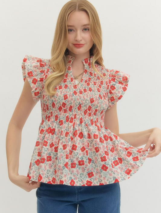 Ruffle Sleeveless Floral Blouse