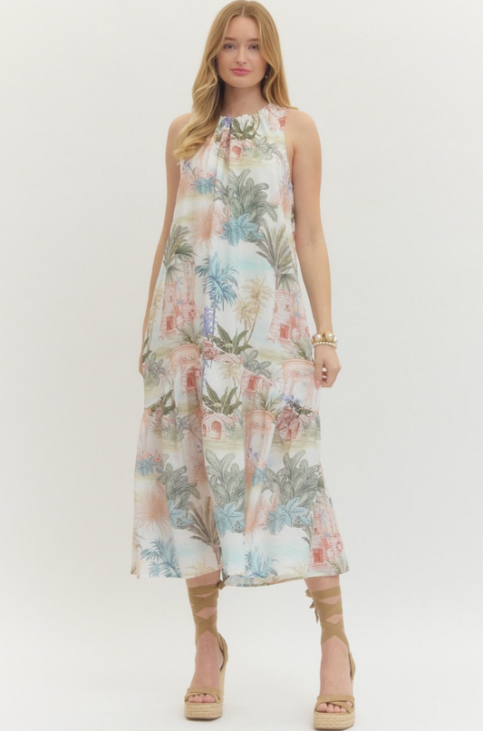 Printed Halter Neck Midi Dress