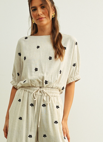 Embroidered Linen Bubble Hem Top