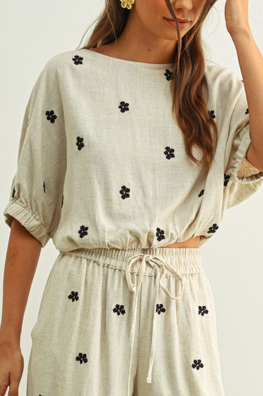Embroidered Linen Bubble Hem Top