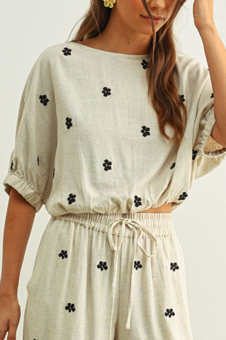 Embroidered Linen Bubble Hem Top
