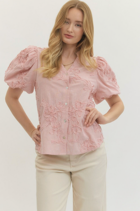 Floral Applique Puff Sleeve Blouse