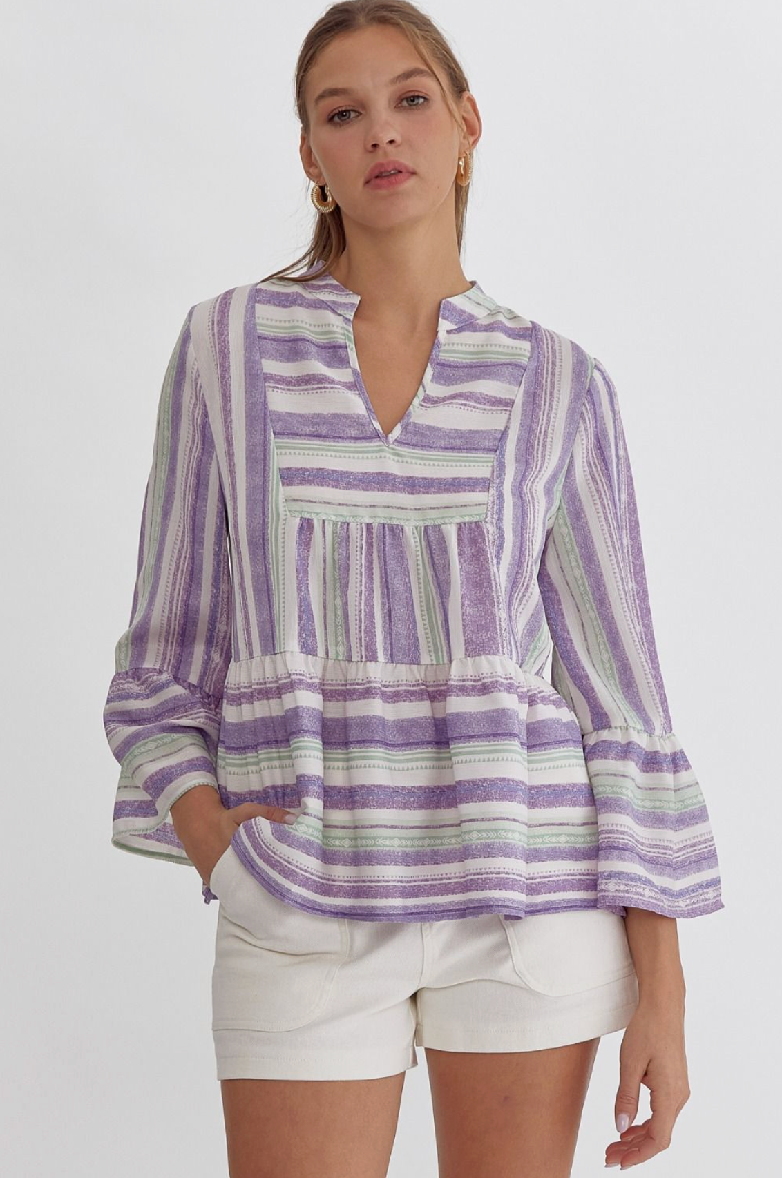 Stripe Flare Sleeve Blouse