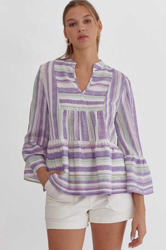 Stripe Flare Sleeve Blouse