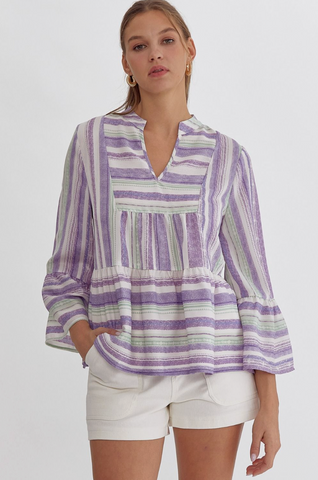 Stripe Flare Sleeve Blouse