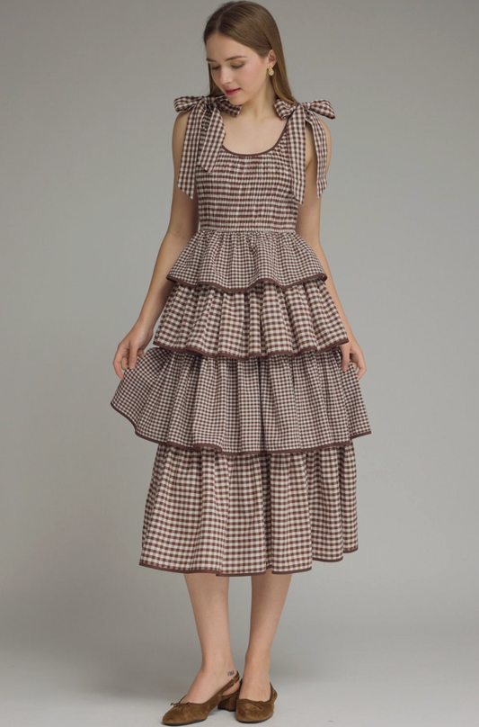 Gingham Tiered Sleeveless Midi Dress