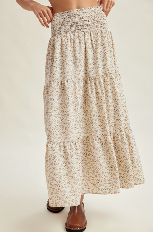 Smocked Waist Floral Midi Skirt