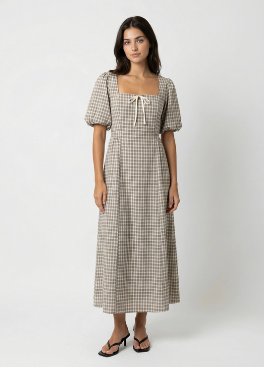 Plaid Puff Sleeve Midi Dress