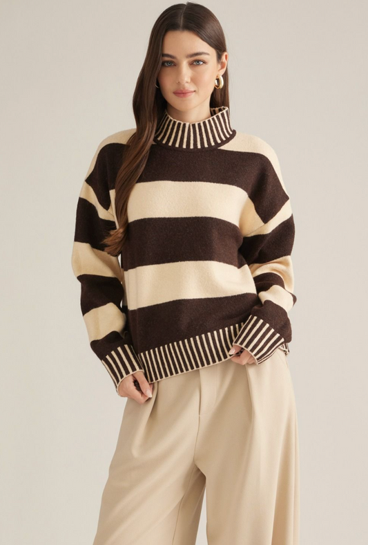 Contrast Stripe Mock Neck Sweater