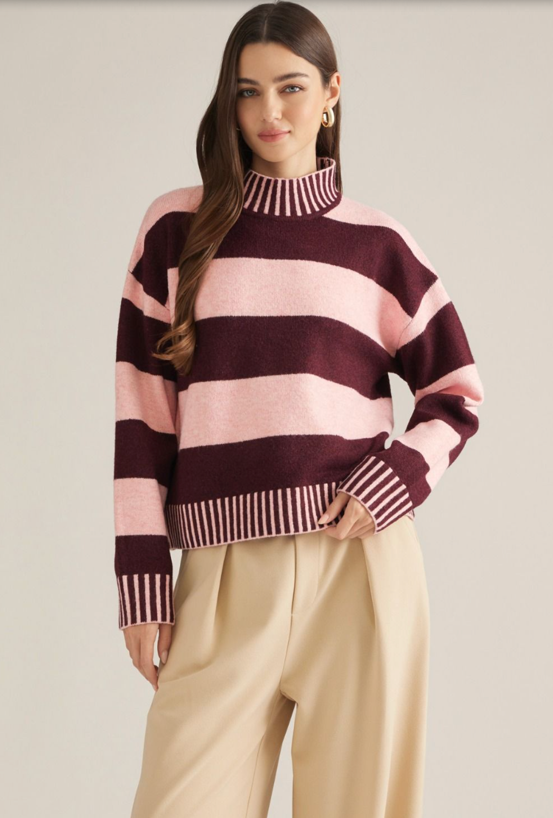 Contrast Stripe Mock Neck Sweater
