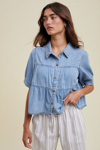 Tiered Denim Button-Up Shirt