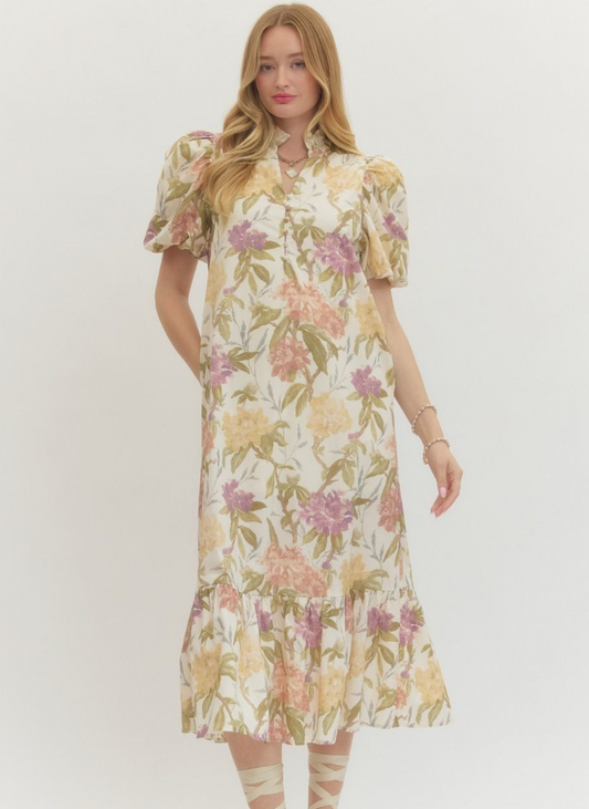 Floral Ruffle Neck Midi Dress