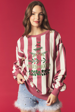 Stripe Embroidered Holiday Sweatshirt