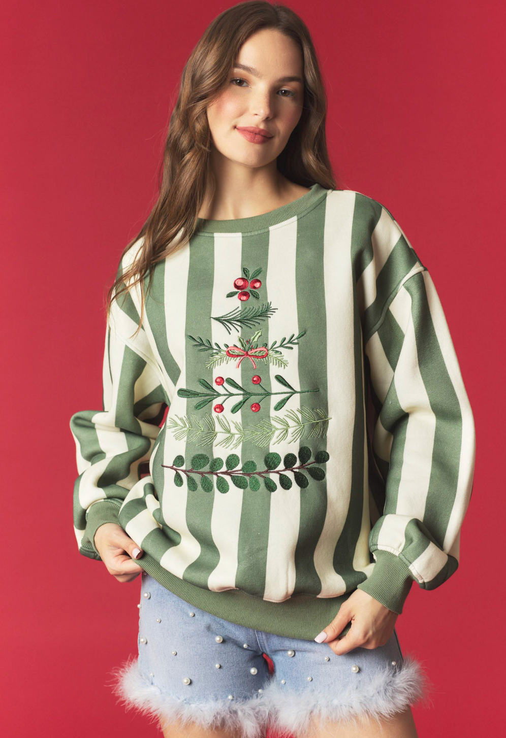 Stripe Embroidered Holiday Sweatshirt