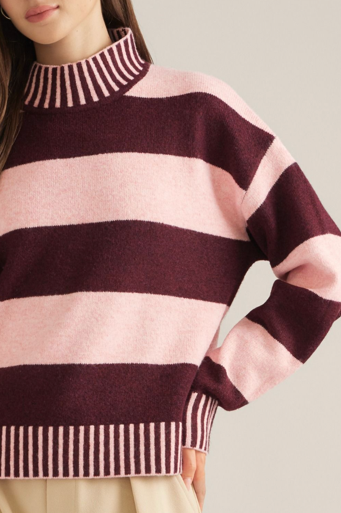 Contrast Stripe Mock Neck Sweater